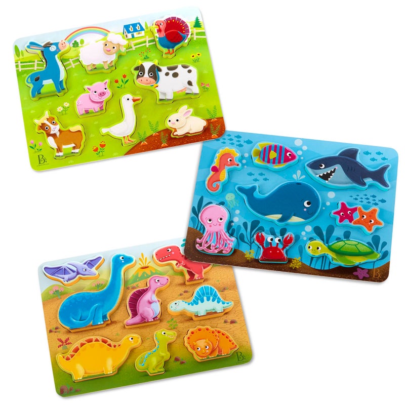 B. toys- Peek & Explore 3-Pack - Farm, Sea, Dinos- Chunky Puzzle 3-Pack - Wooden Puzzles- 8 Pieces Each - 2 Years + - Image 1